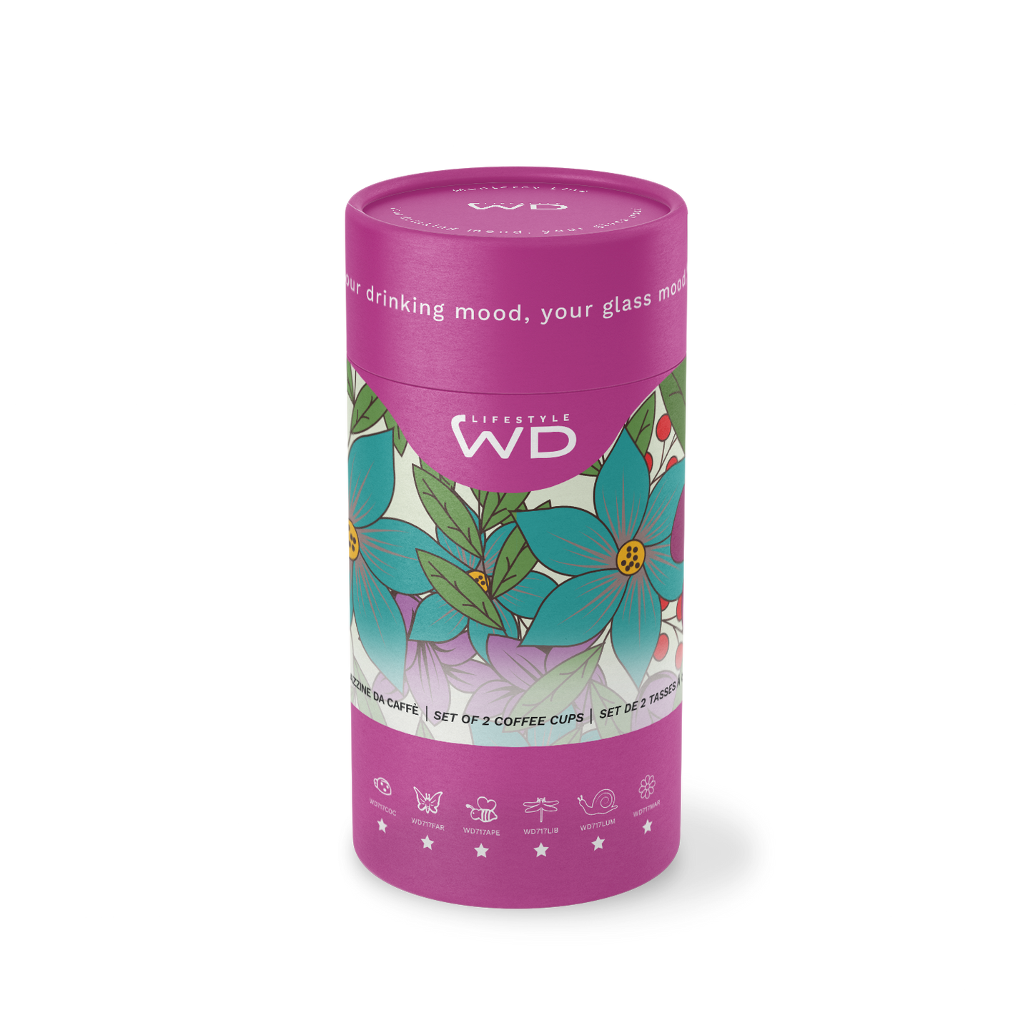 Set 2 tazzine in vetro con manico colorato e decoro